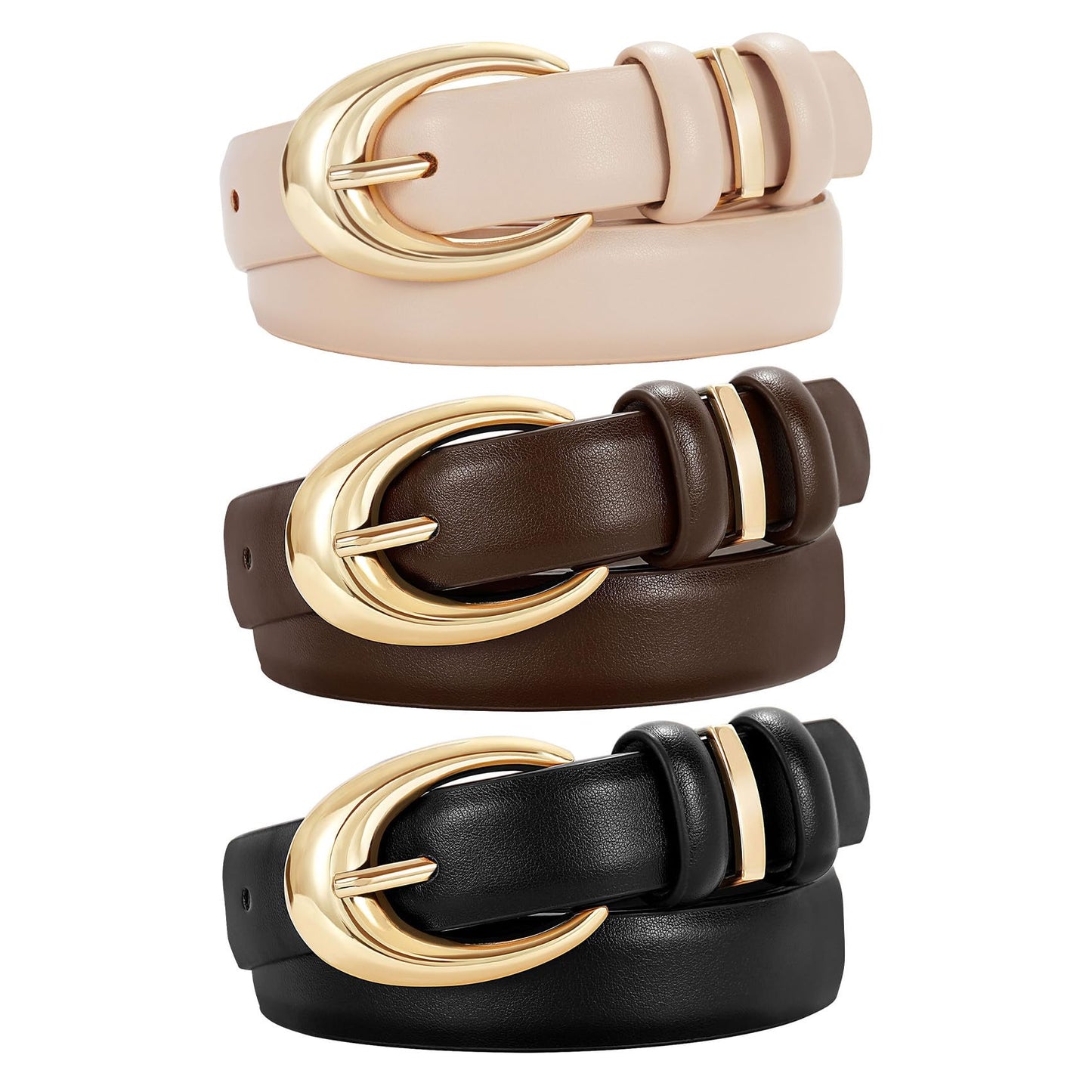 TRIWORKS 3 Pack Women Leather Belt for Jeans Pants Fashion Ladies Faux Leather Belt with Gold Buckle