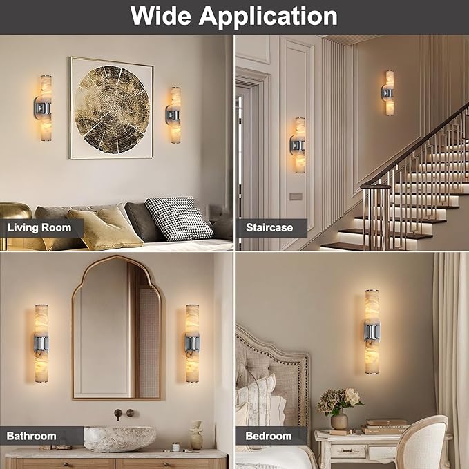 22.2" Alabaster Wall Sconce, Brass Bathroom Wall Sconce, Spanish Natural Marble Sconces Modern Wall Lights Lamps for Bedroom Living Room Stairs Indoor Hallway Vanity, Nickel