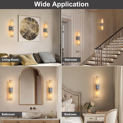 22.2" Alabaster Wall Sconce, Brass Bathroom Wall Sconce, Spanish Natural Marble Sconces Modern Wall Lights Lamps for Bedroom Living Room Stairs Indoor Hallway Vanity, Nickel