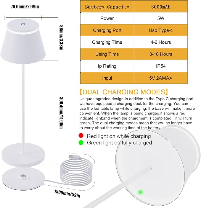 Cordless Table Lamp Rechargeable Set of 2,Battery Operated Desk Lamp 5000mAh,Waterproof Touch Dimmable Light with Remote,3 Color Stepless Dimming Up,for Bedroom/Office/Bars/Camping. (White)