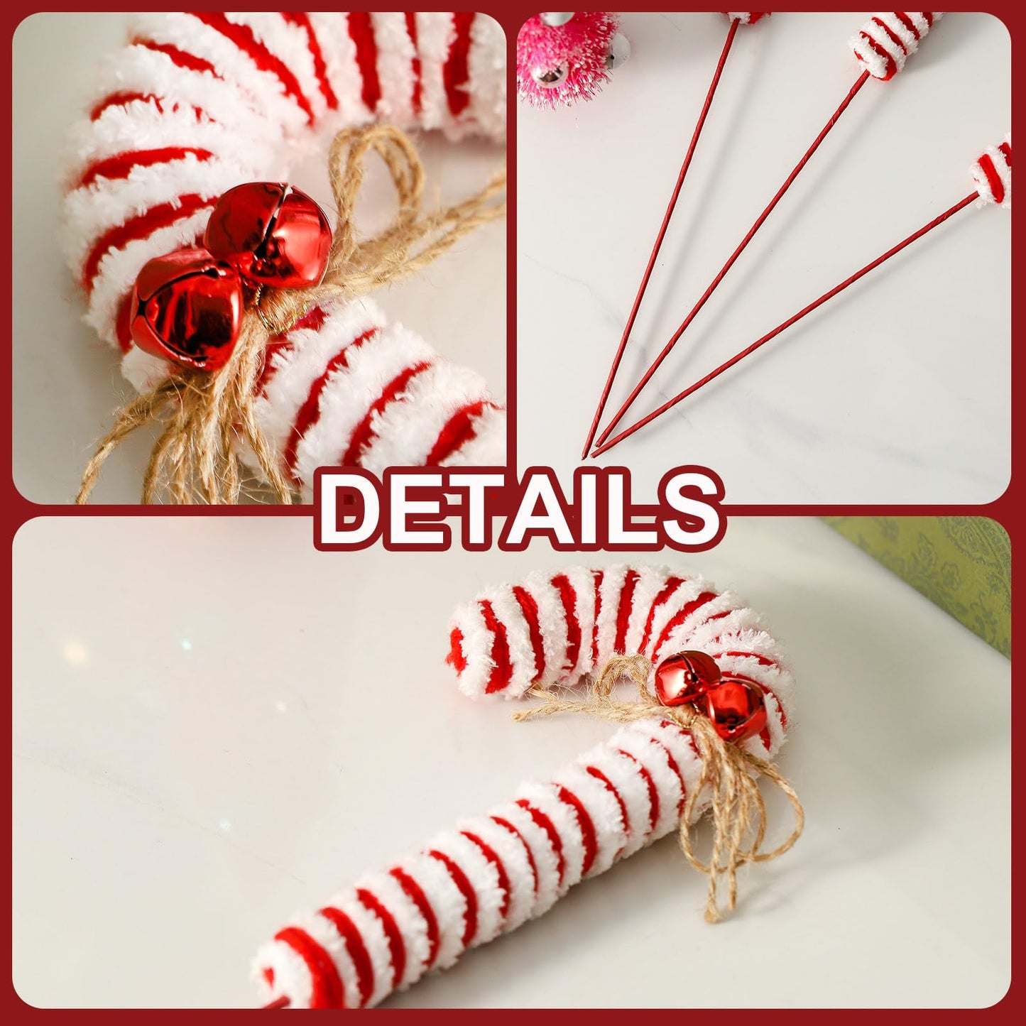 ZHANYIGY 6Pcs Christmas Tree Decorations Picks，Red White Woolen Candy Picks 14 Inch Xmas Tree Topper Ornaments for Christmas Wreath DIY Craft Home Vase Filler Party Supplies