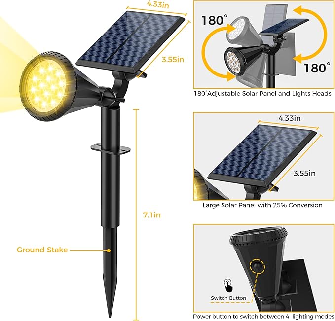 Solar Spot Lights Outdoor, 4 Modes/1 Pack Solar Spotlights Waterproof, 180° Adjustable Powered Landscape Lights, Outdoor Solar Lights for Yard Garden Pathway Flag Tree Wall Statue Warm White