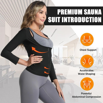 Towintec Sauna Suit for Women Heat Trapping Long Sleeve Sweat Suit Belly Fat Weight Loss Compression Shirts Waist Trainer Workout Body Shaper Tops with Zipper for Athletic Sports Training(Silver,L)