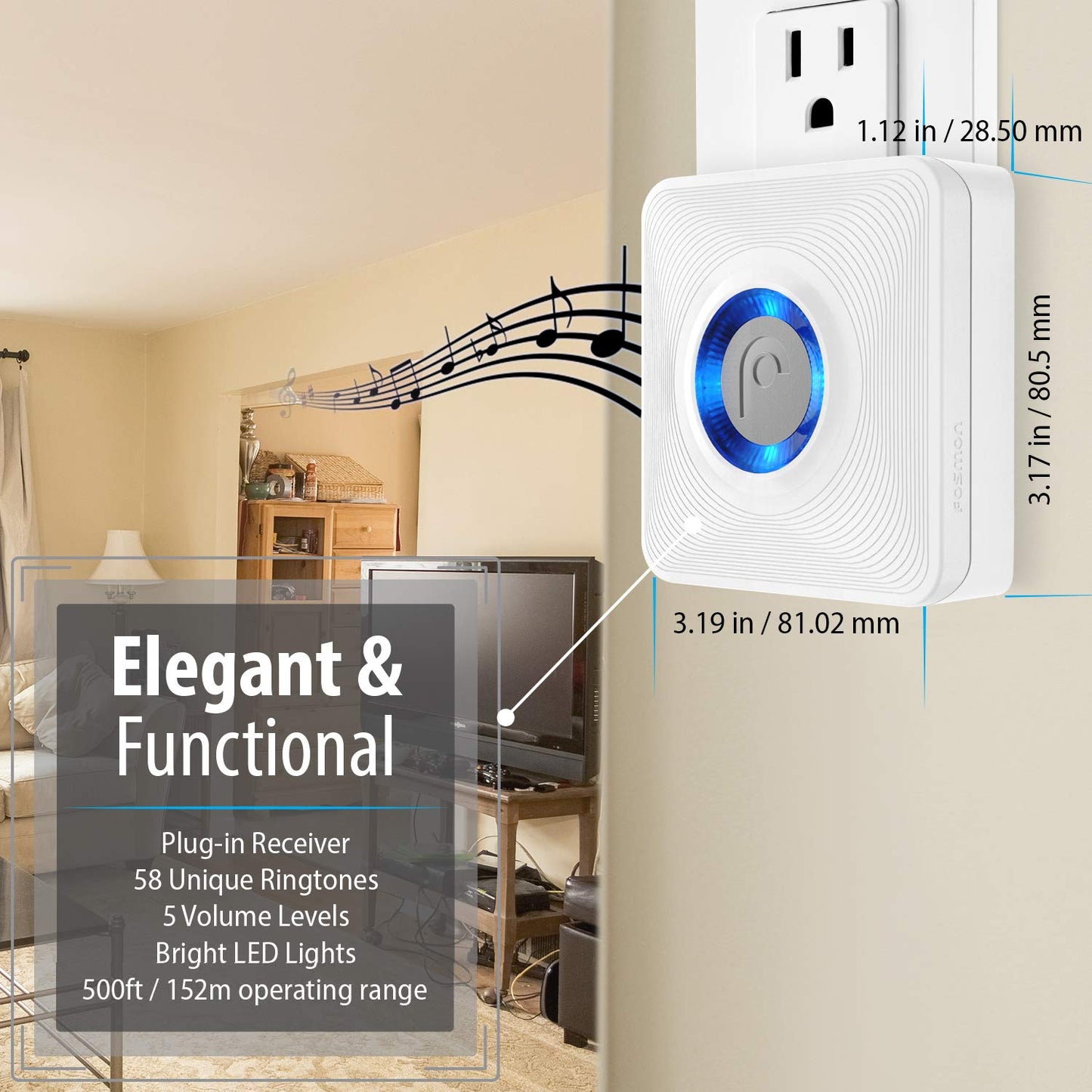 Fosmon WaveLink Door Chime Driveway Alarm Guard Wireless Motion Sensor (500 Feet, 58 Tunes, 5 Volume Levels, LED Indicators) Motion Detector Home/Business/Store Entrance Alert (1 Receiver + 2 Sensor)