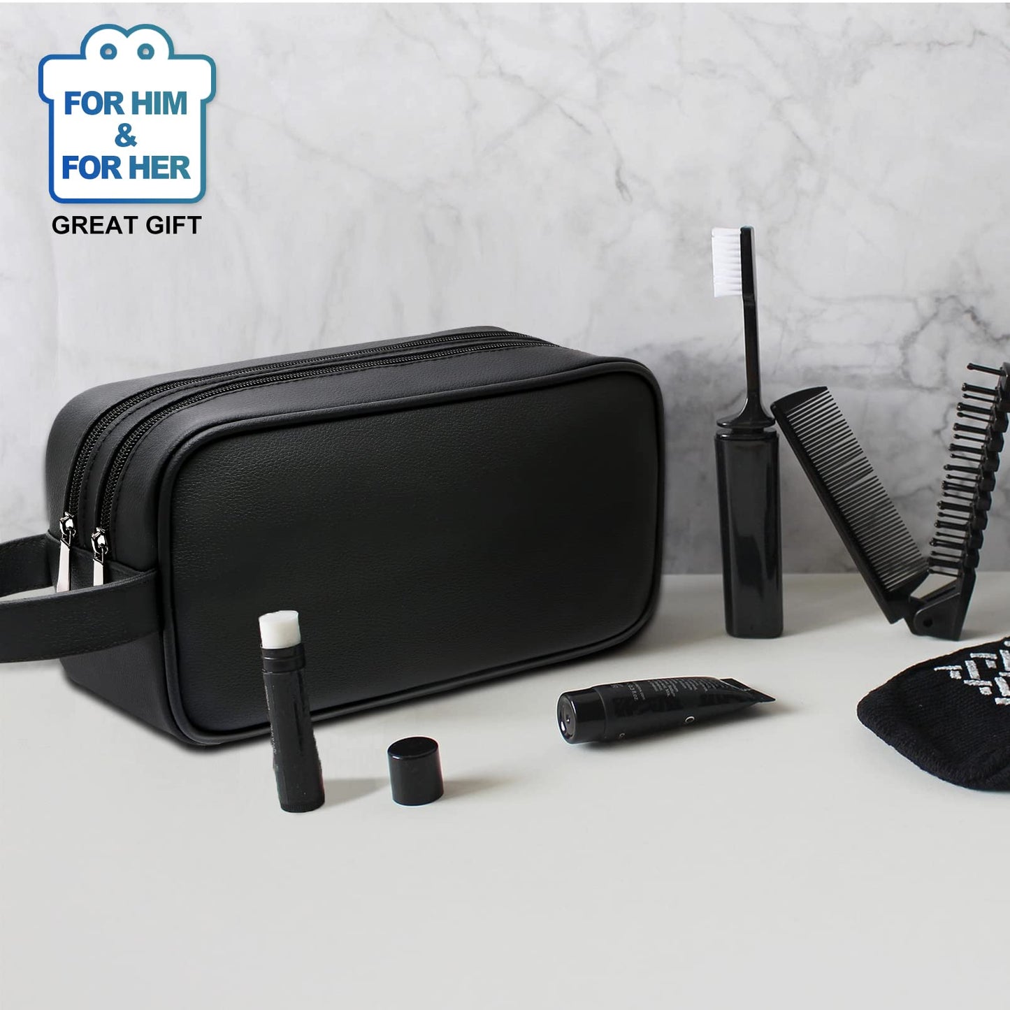 HappyDavid Soft PU Leather Zipped Travel Toiletry Bag Mens Ladies Supply Toiletry Bag Case(Black)