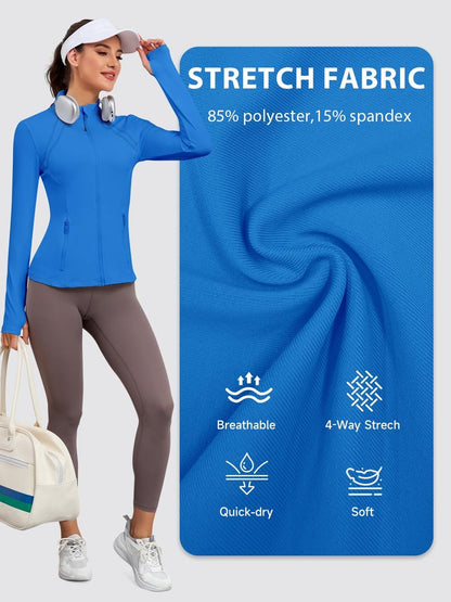 VUTRU Women Athletic Zip Up Jacket Lightweight Workout Long Sleeve Cooling Shirts with Thumb Holes and Pockets for Gym Yoga Blue L