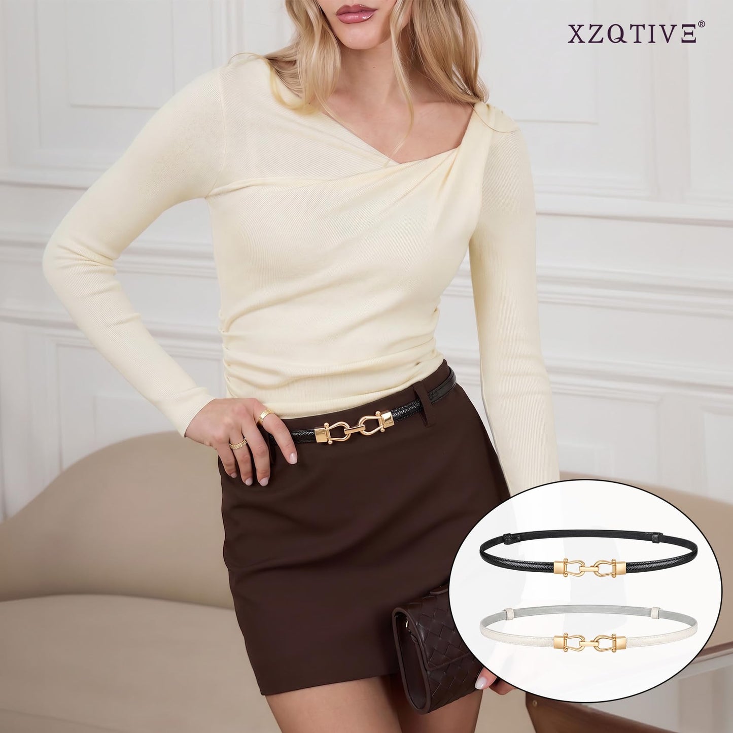 XZQTIVE Thin Belts For Women Skinny Leather Waist Belt with Gold Buckle Fashion Ladies Belt For Dress Pant