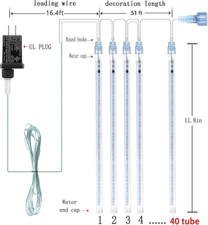 Kwaiffeo Outdoor Christmas Decorations, Waterproof 40-Tube Meteor Shower Lights for Xmas Wedding Party Hanging Decor, Wedding Decorations for Reception, Equivalent to 5 Sets of 8-Tubes, White