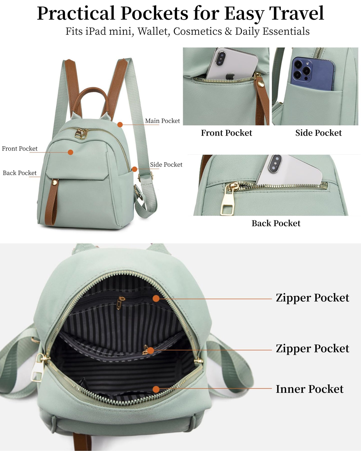 KEQIKAI Lightweight Small Backpack for Women, Mini Casual Daypack Backpack, Water-Resistant Oxford Fabric, Fits iPad Mini/Phone/Wallet/Sunglasses, Purse for College Travel Outdoor Daily Multi-Pocket