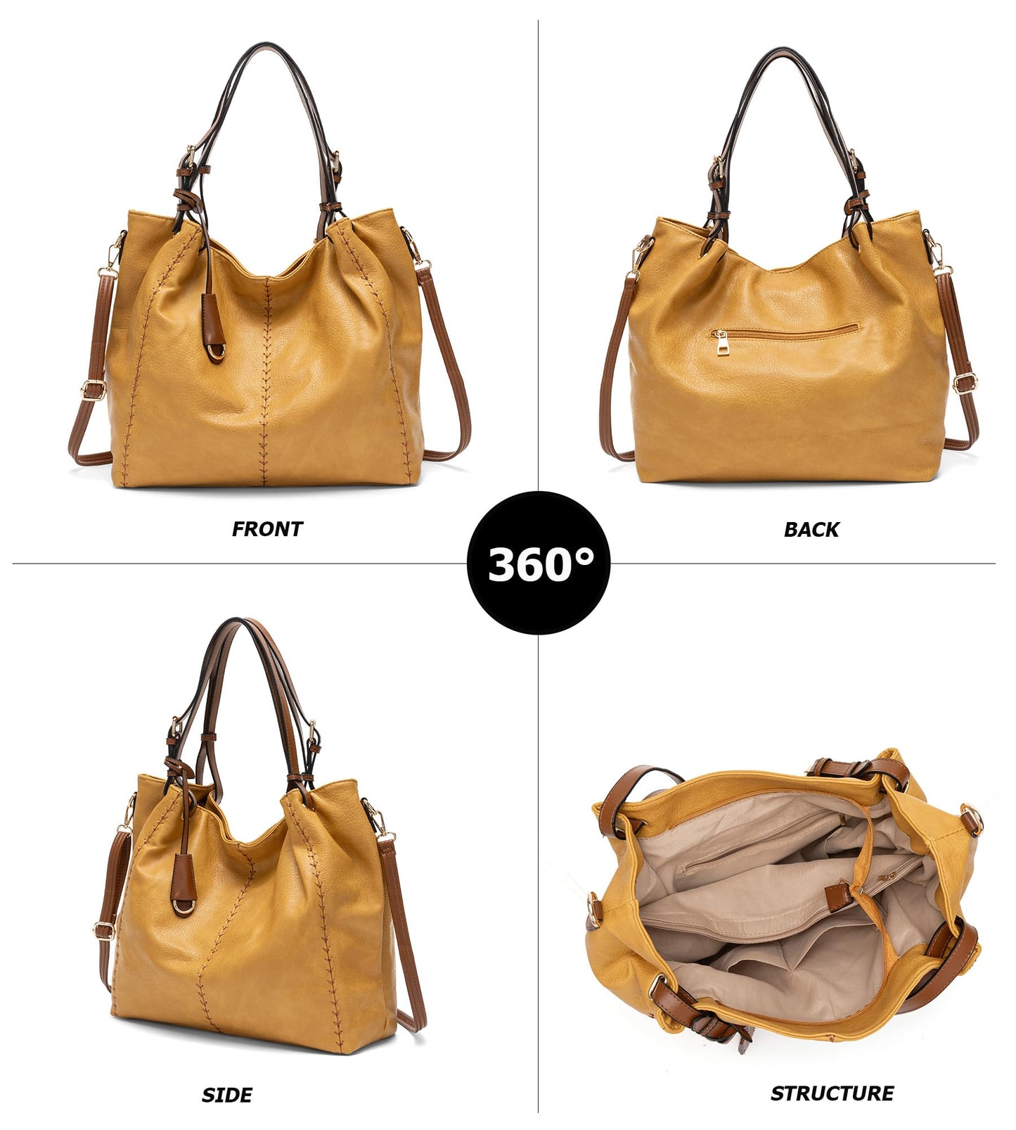 myfriday Casual Faux Leather Tote Hobo Bag for Women, Soft Shoulder Bag Crossbody Satchel Purse and Handbag (Yellow)