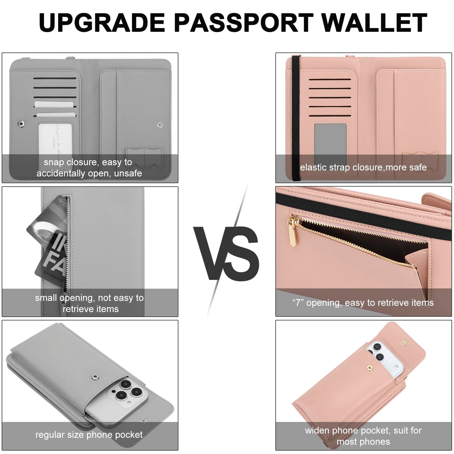 DOB SECHS Leather Passport Wallet Crossbody Phone Bag, RFID Blocking Passport Holder Credit Cards Case for Women, Travel Accessories Organizer Neck Wallet Pouch Bag with Adjustable Strap, Pink