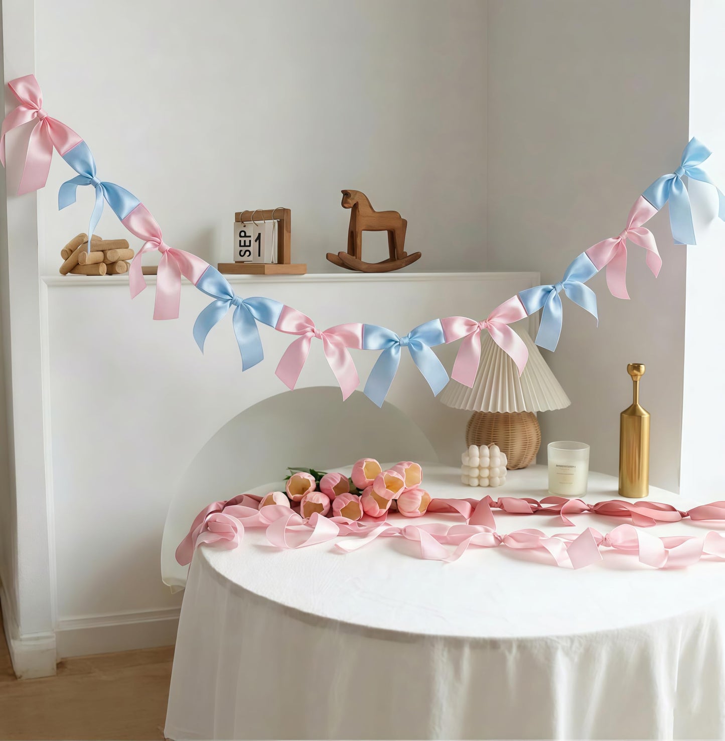 Eanjia Gender Reveal Bow Knot Garland |6ft Gender Reveal Party Decor with 3ft Extend Ribbon Pre-Assembled Satin Ribbon Banners with Baby Pink/Blue Bows Baby Shower No DIY Needed (Pink & Blue, 6ft)