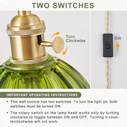 Plug in Wall Sconce, Vintage Sconce Light with Tulip Green Glass Lampshade, 180° Adjustable Wall Sconce with Switch and Plug in Wall Lamp Cord, Gold Wall Light for Bedroom Bedside