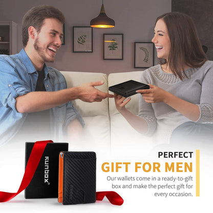 RUNBOX Slim Wallets for Men with RFID Blocking & Minimalist Mens Front Pocket Wallet Leather Black&inner Orange
