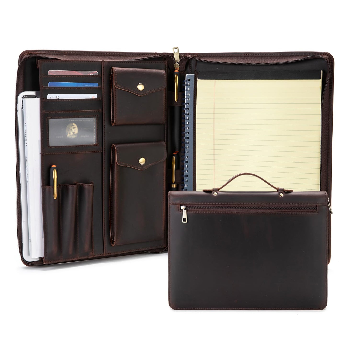 Geslun Genuine Leather Portfolio with Hidden Handle, Zippered Front Pocket, Business Padfolio for Men and Women, 8.5 x 11 Legal Pad Notebook Holder, Office Letter Notepad Folio, Dark Brown