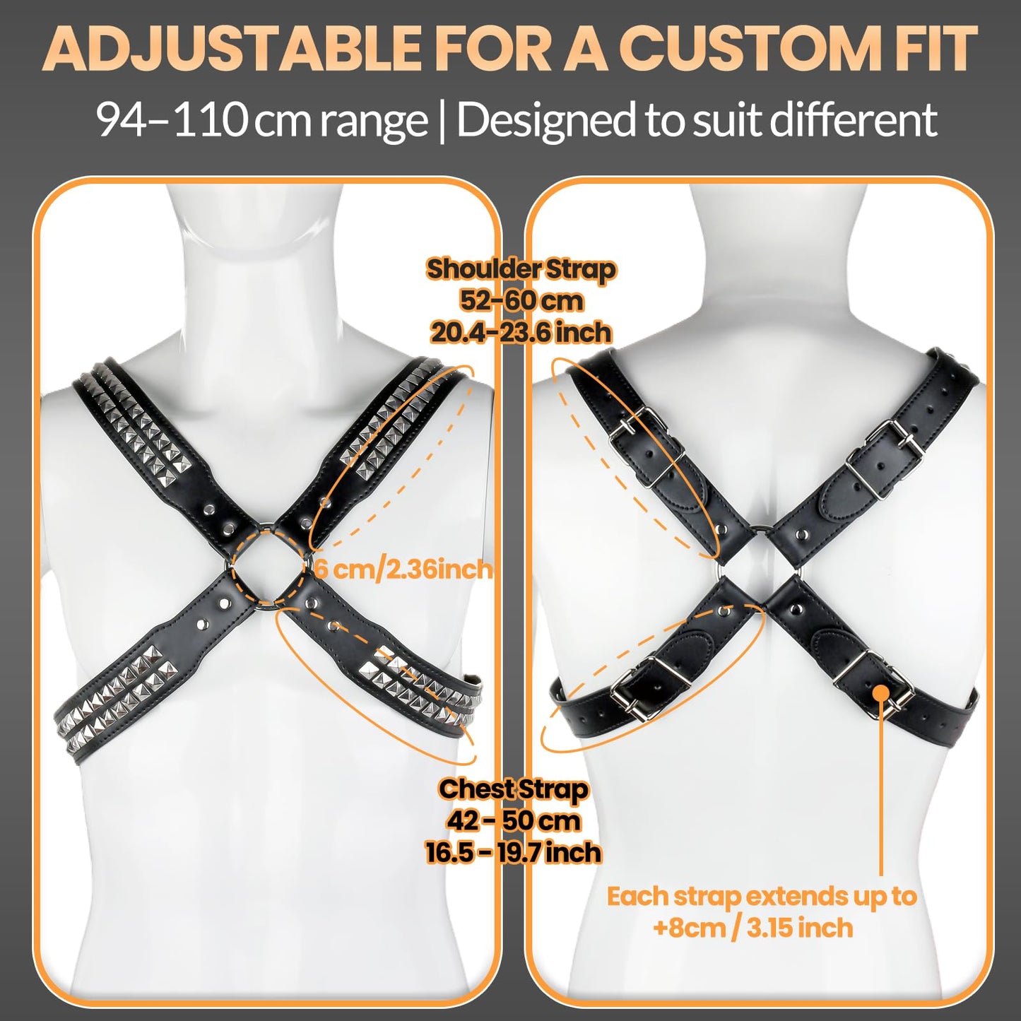 Men's X-Strap Chest Harness with Rivets, Adjustable PU Leather Body Harness Belt for Punk Cosplay, Muscle Show Clubwear Nightclub Stage Party Outfits X023