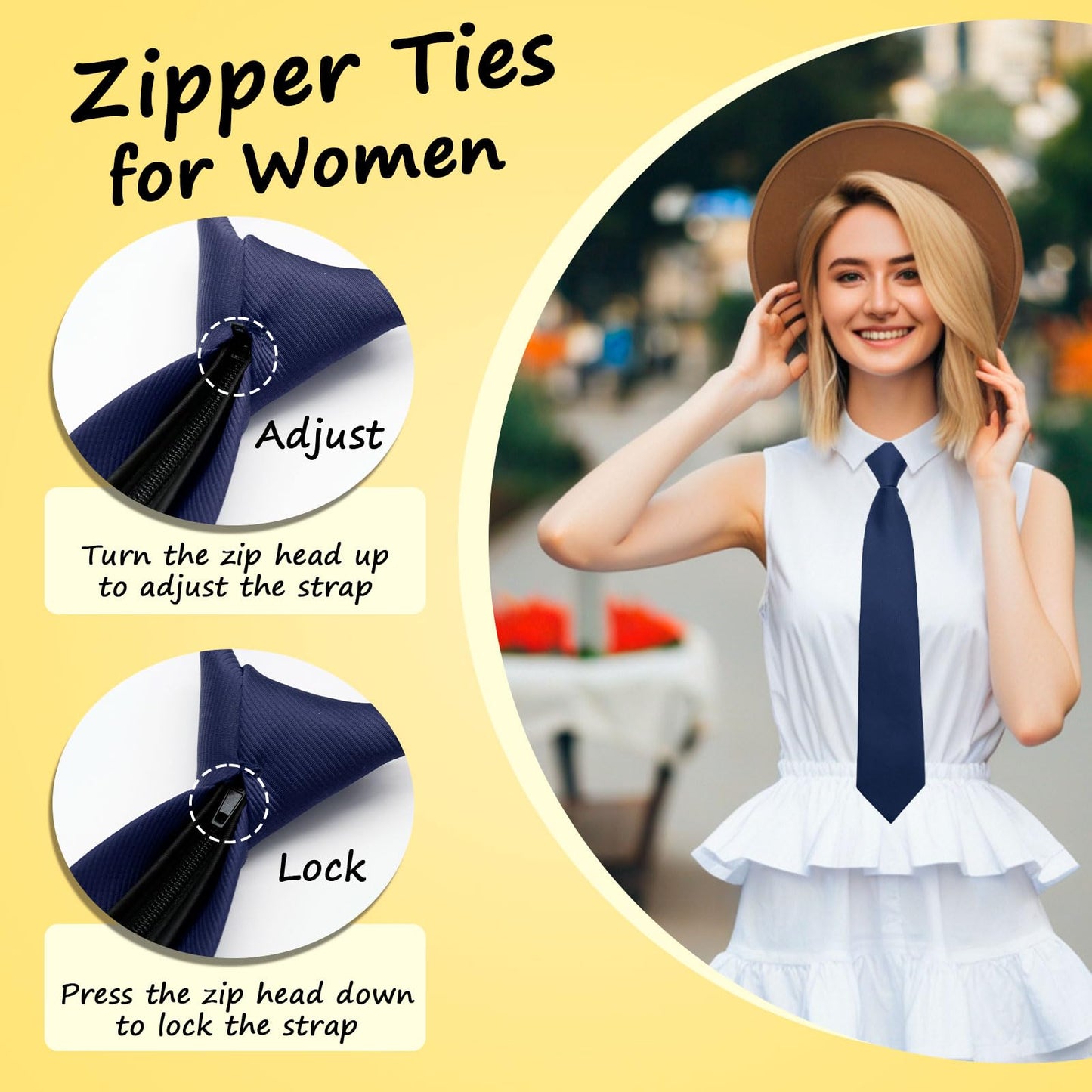 GHTIYLP Black Tie for Women Pre-tied Adjustable Womens Tie, Solid Color Zipper Ties for Women Accessory School Office Casual (Navy Blue)