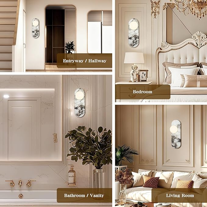 Natural Marble Wall Sconce with Alabaster Glass Globe, Modern Hardwired Wall Light Fixture for Bedroom, Bathroom, Dining Room, Hallway, Stairs (1-Light Sconce)
