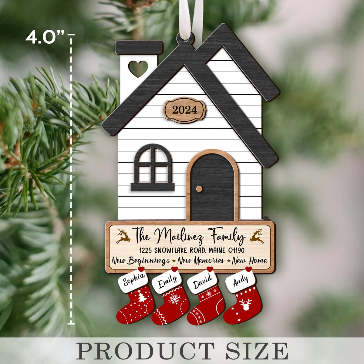 Fastpeace Personalized Christmas 2025 New Home Ornament – 2 Layer Wooden Family of 2/3/4/5/6/7/8/9/10 Members with Custom Names, Address, and Year House Decoration – New Beginnings Holiday Keepsake