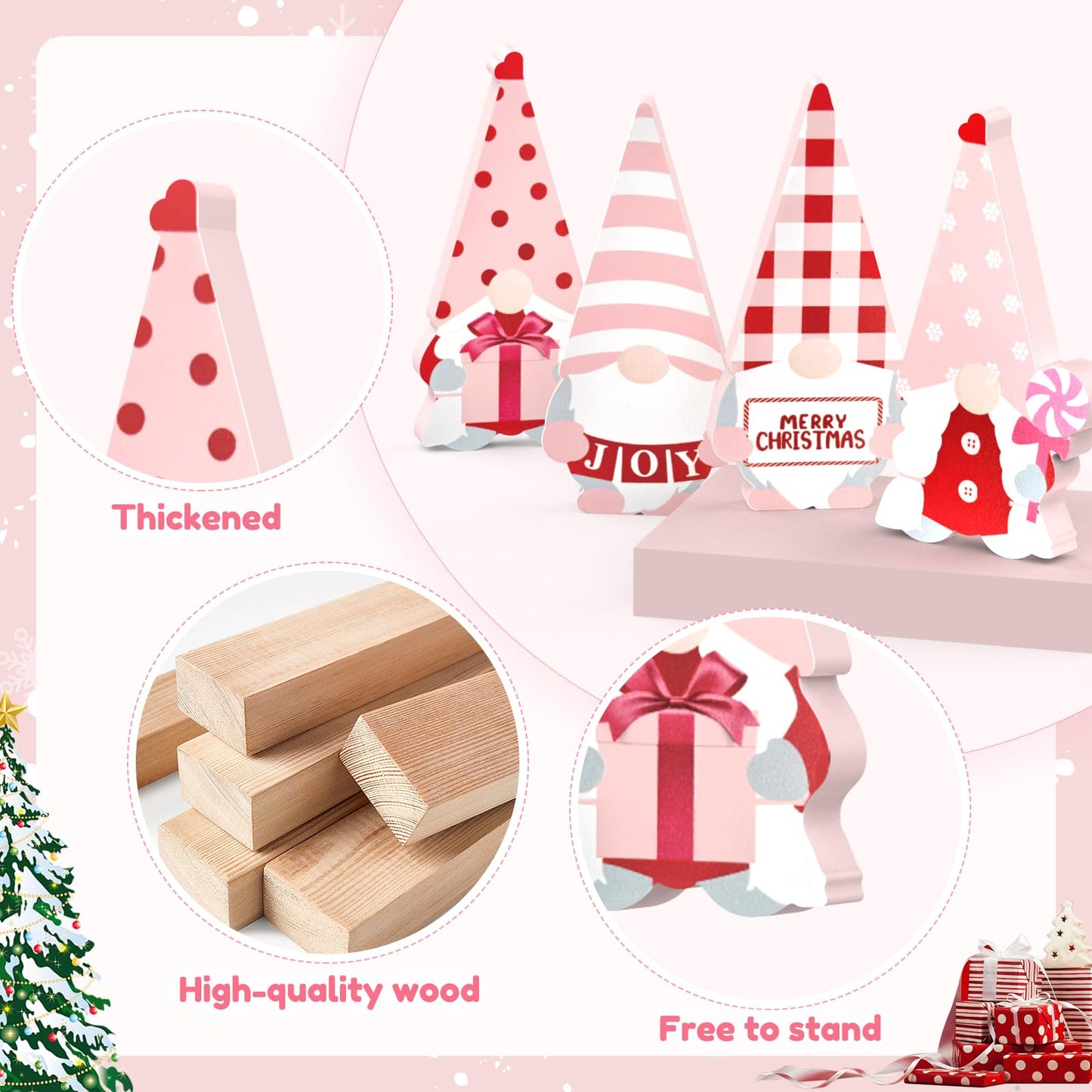 LXDNBGO Christmas Gnomes Decorations - Set of 4 Cute Pink Wooden Gnomes Decor, Christmas Table Decor Indoor for Home Office Bedroom Shelf Tiered Tray Desk Mantel