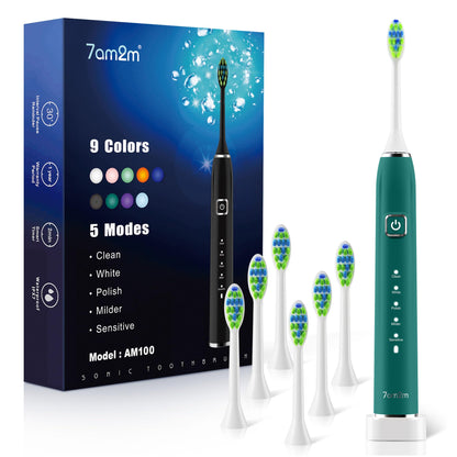 7AM2M Sonic Electric Toothbrush with 6 Brush Heads for Adults&Kids, One Charge for 120 Days, Wireless Fast Charge, 5 Modes, 40000VPM Powered Toothbrush, 2 Minutes Built in Smart Timer (Black)