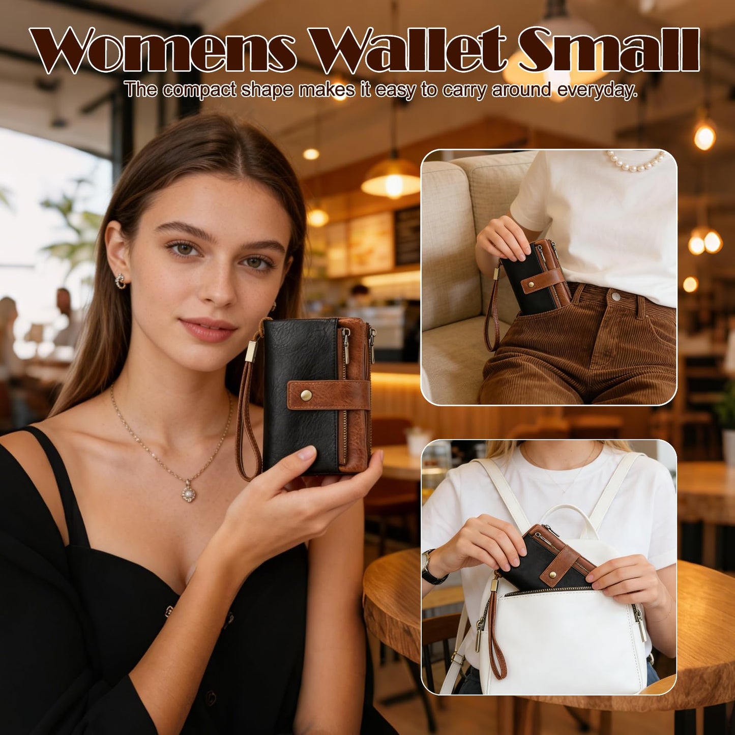 NAWHAOA Womens Wallet Small Leather RFID Blocking Tri-Fold Large Capacity Compact Card Holder With Zipper Coin Pocket 2 ID Window (Black)