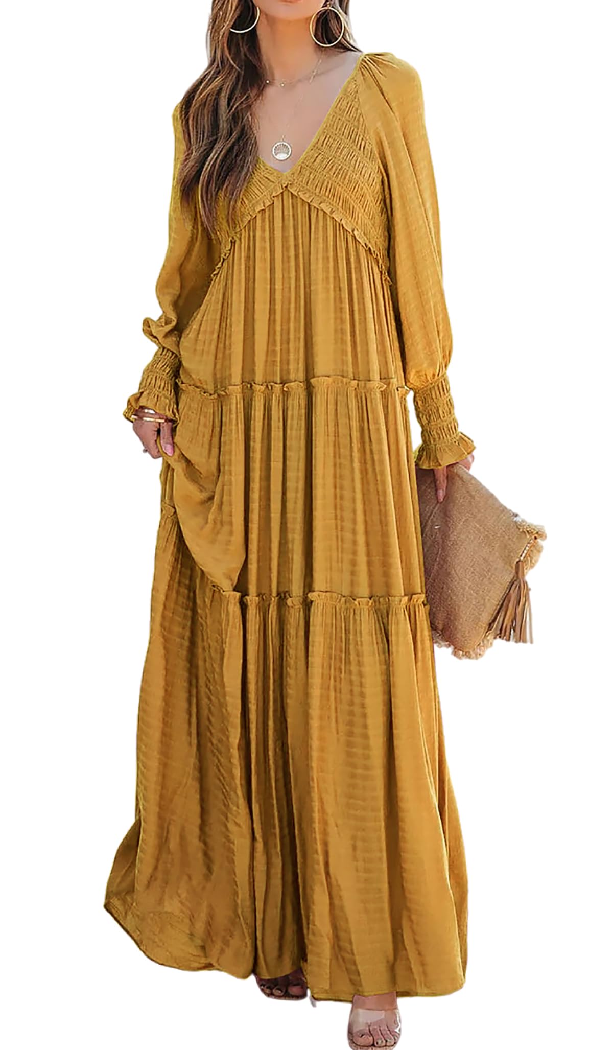 R.Vivimos Maxi Dress for Women Long Sleeve V Neck Empire Waist Layered Ruffle Boho Casual Flowy Long Dresses