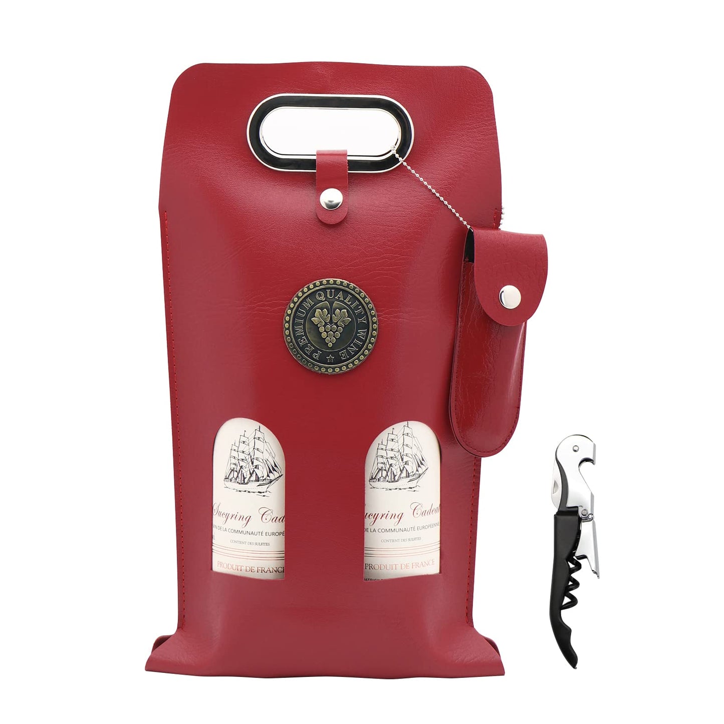 DIWNELEM Leather Wine Bag Leather Wine Gift Bags with Wine Opener Wine Tote Carrier Bag Champagne Beer Bottle Bags for Wedding, Birthday,Travel, Wine Tasting Parties,Christmas-Red 2 Bottles