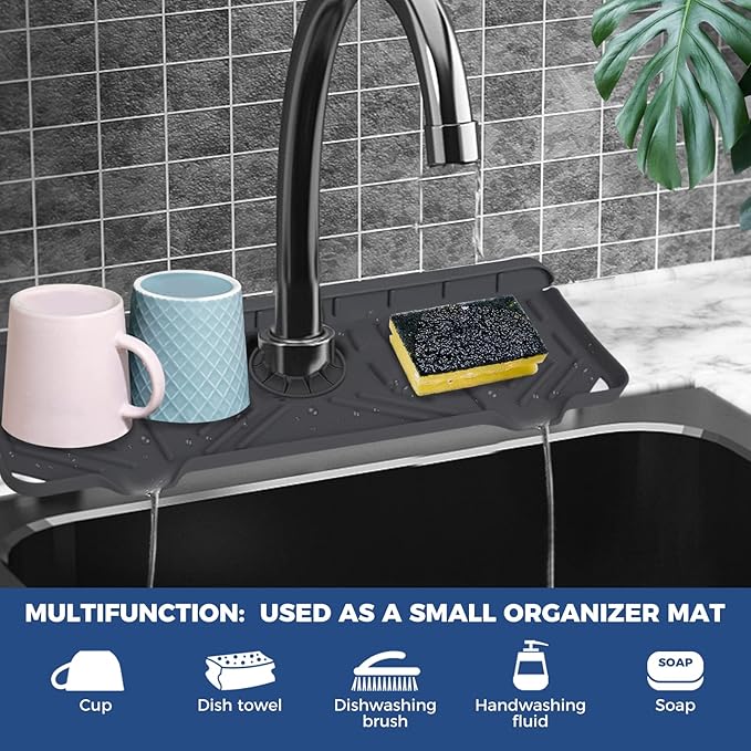 2 Pcs Silicone Faucet Handle Drip Catcher Tray Mat, 2 in 1 Dish Soap Sponge