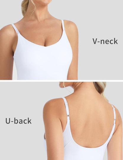 THE GYM PEOPLE Women's Longline V Neck Sports Bra with Removable Pads Adjustable Spaghetti Strap Yoga Workout Cami Tank Tops White
