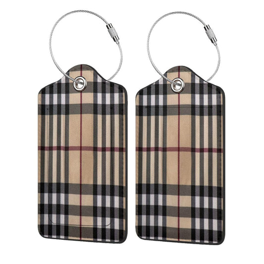 2 Pcs Luggage Tags for Suitcase, Cute Unique PU Leather Travel Bag Tag with Privacy Cover ID Label Address Card and Durable Metal Ring Suitable for Men Women Backpack (Beige Plaid)