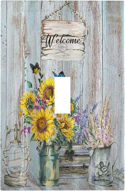 Sunflower Vintage Barn Wooden 1 Gang Single Toggle Light Switch Covers Sun floral Decorative Wall Plate Switchplate Electrical Faceplate Farmhouse Home Livingroom Decor