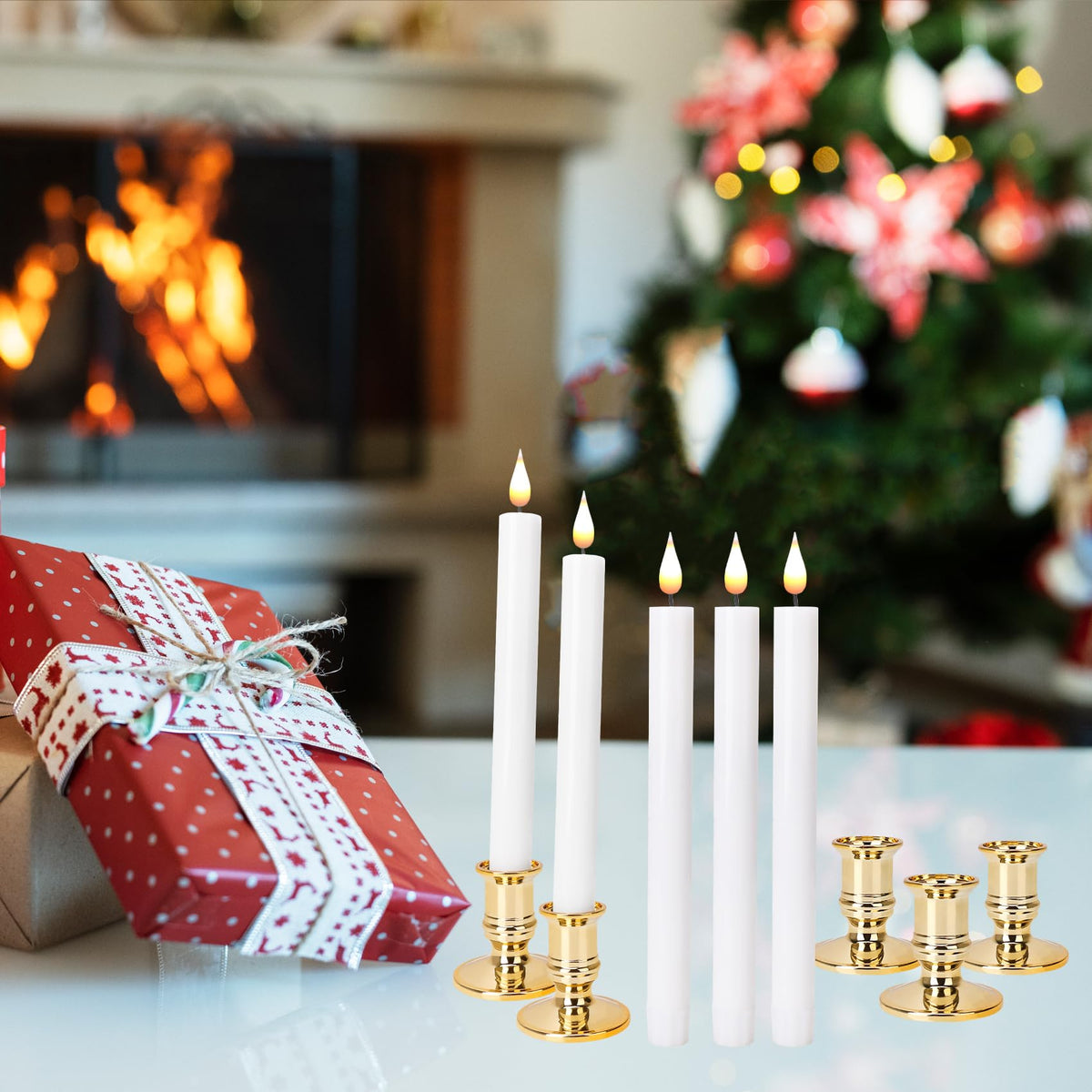 POQCCT LED Flameless Window Candles with Remote Timer 10 PCS Battery Operated Flickering Taper Candle Lights with Removable Gold Candle Holders Best Gift for Xmas Wedding Home Dinner Decor