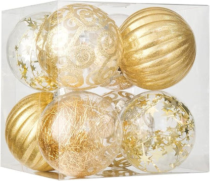XmasExp 8ct Christmas Ball Ornaments Set -Large Clear Plastic Shatterproof Xmas Tree Ball Hanging Baubles Stuffed Delicate Glittering for Holiday Wedding Xmas Party Decoration (100mm/3.94",Gold)