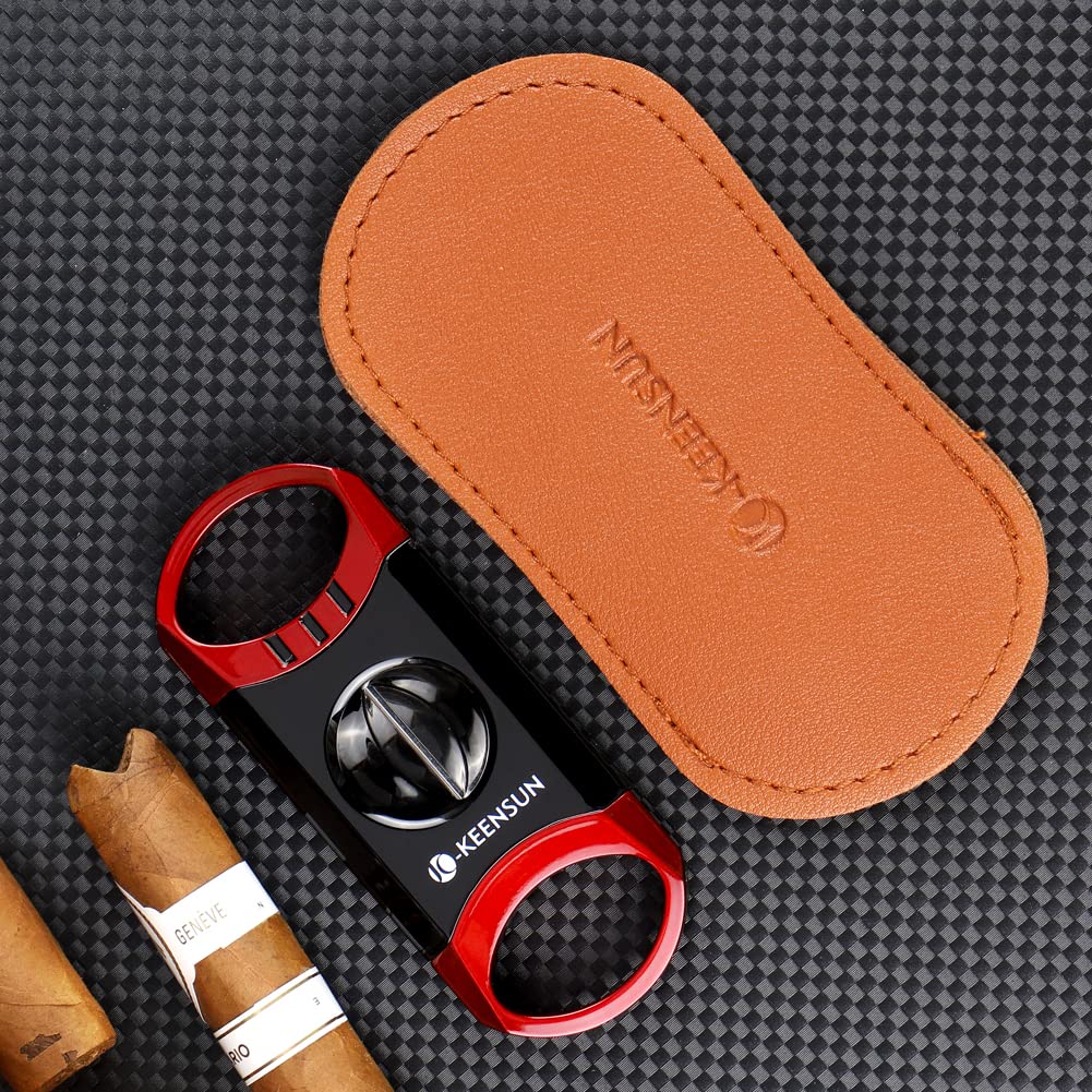 KEENSUN Zinc Alloy V-Cut Cigar Cutter (Red and Black), 60 Ring Gauge, 420J2 Stainless Steel V-Cut Blade & Cigar Holder (2 in 1) in Gift Box