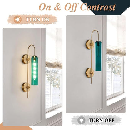 BOKT Modern Gold Wall Sconce Green Glass Hardwired Bedside Wall Light Fixtures Mid Century Long Metal Wall Sconce Single Hardwired Bathroom Bar Wall Lamp (Green)