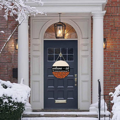 Welcome Sign for Front Door Decor Wreath Orange Leopard Print 12inch Decor Wood Hanging Door Sign for Home Outdoor Indoor