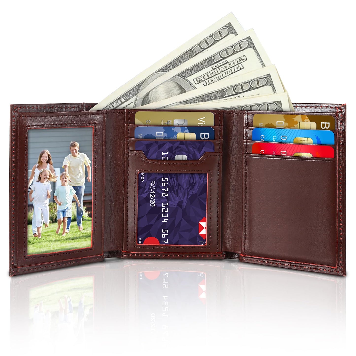 WULOUJIE Mens Trifold Leather Wallet，Genuine Leather RFID Blocking Wallets for Men，Tri Fold Wallet with 2 ID Window and 8 Card Slots（brown） (brown)