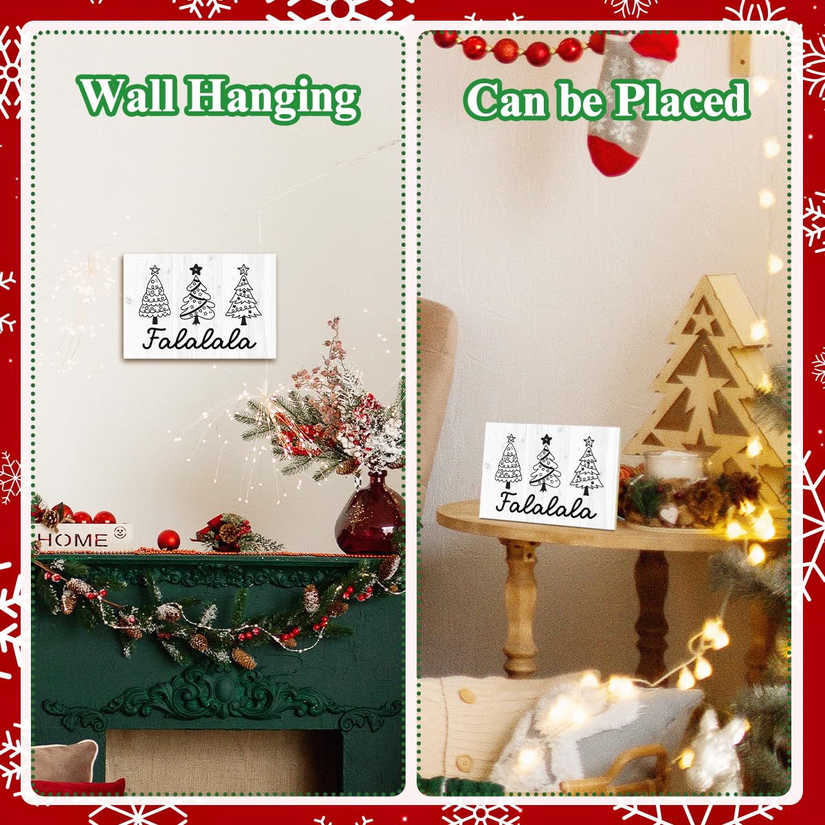 Falalala Merry Christmas Signs for Wall Decorations, Tree Wood Tabletop Decor for Table, Desk, Mantle, Shelf - Wall Art for Party Kitchen Decor - JK0388