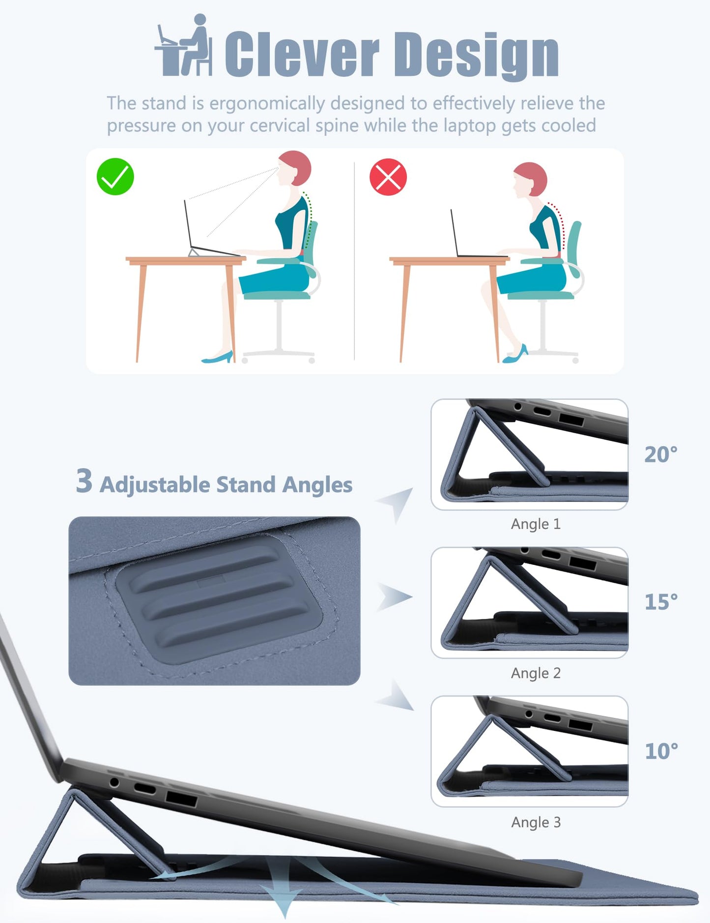 HYZUO 13.3-14 Inch Laptop Sleeve Case Bag with Adjustable Stand for MacBook Pro 14 M5/M4/M3/M2/M1 Pro/Max A3426 A3427 2026-2021, MacBook Air/Pro 13.3, 13.8-13.5 Surface Laptop, Haze Blue