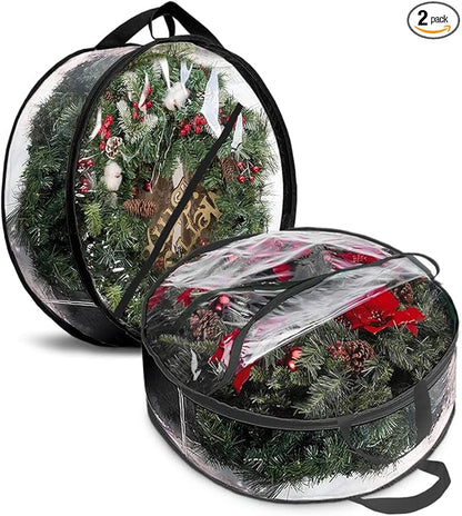 ProPik Christmas Wreath Storage Bag 24" - 2 Pack Clear Christmas Wreath Storage Container- Garland Holiday Artificial Wreath Storage Holder –Water Proof Transparent PVC (24 Inch, Black)