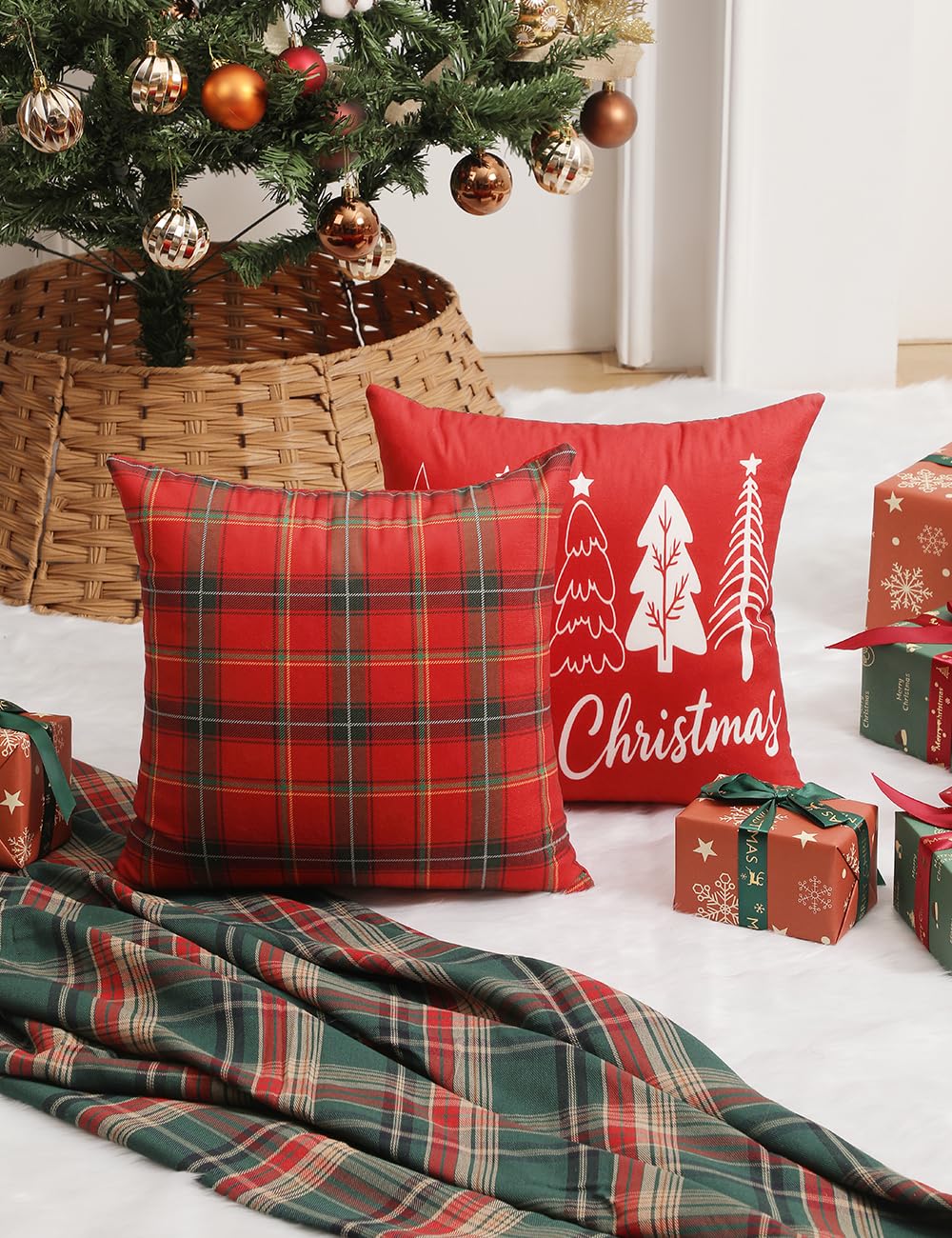 TOYPOPOR Christmas Decorations, Double Sided Plaid Throw Pillow Covers 16x16 Inches Set of 4, Christmas Tree, Snowflakes, Merry Christmas, Snowman Reindeer Winter Holiday Pillowcase for Sofa Couch