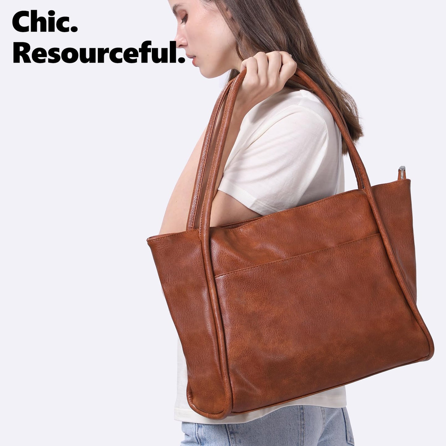 Utenwat Large Tote Bag for Women Work with Zipper 16L Vegan Leather Ladies Travel Purses and Handbags Brown