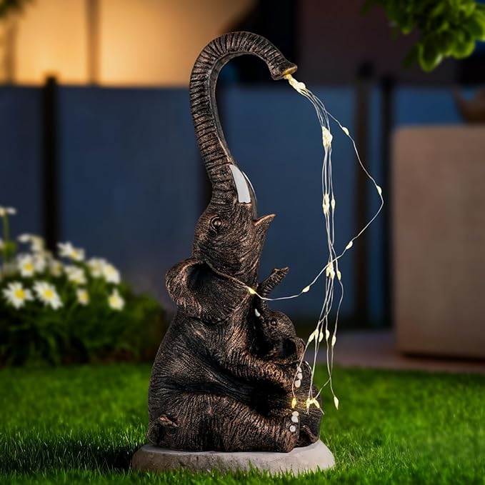 Elephant Statue with Solar Watering Lights, Outdoor Garden Decor for Patio, Yard, Lawn, Unique Gifts for Women, Mom – Resin Elephant Sculpture (Copper Two Elephants)