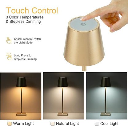 1 Pack Rechargeable Cordless Table Lamps, 5200mAh Battery Touch Table Light, Aluminum Shell Stepless Dimmable Portable LED Desk Lamp for Dinner/Restaurant/Outdoor Gold