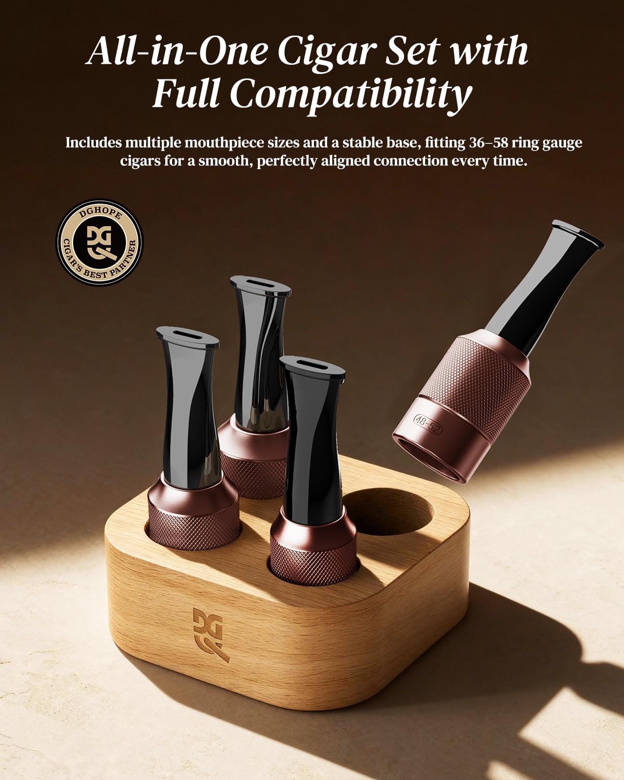 DGHOPE Cigar Holder & Mouthpiece Tips Set (36–58 Ring Gauge) – Reusable Metal & Resin Cigar Mouthpiece with Beech Wood Storage Base, Smooth Draw, Cigar Accessories Gift for Men and Women Brown