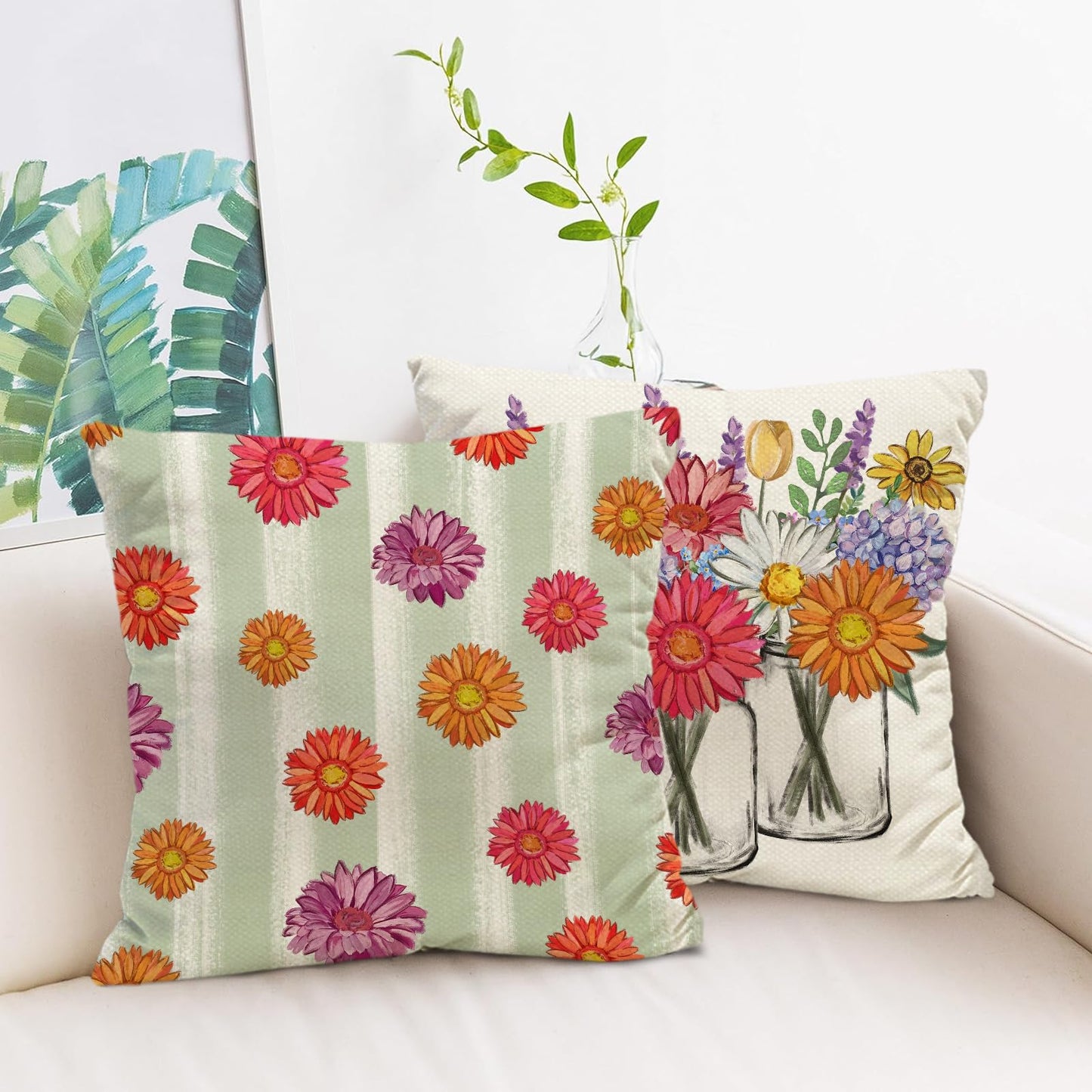 Tikeciti Spring Summer Vibrant Daisies Pillow Covers Blooming Wildflower Vase 18 x 18 Inch Throw Pillows, Hello Sunshine Seasonal Decorative Farmhouse Cushion Case for Sofa Couch Set of 4