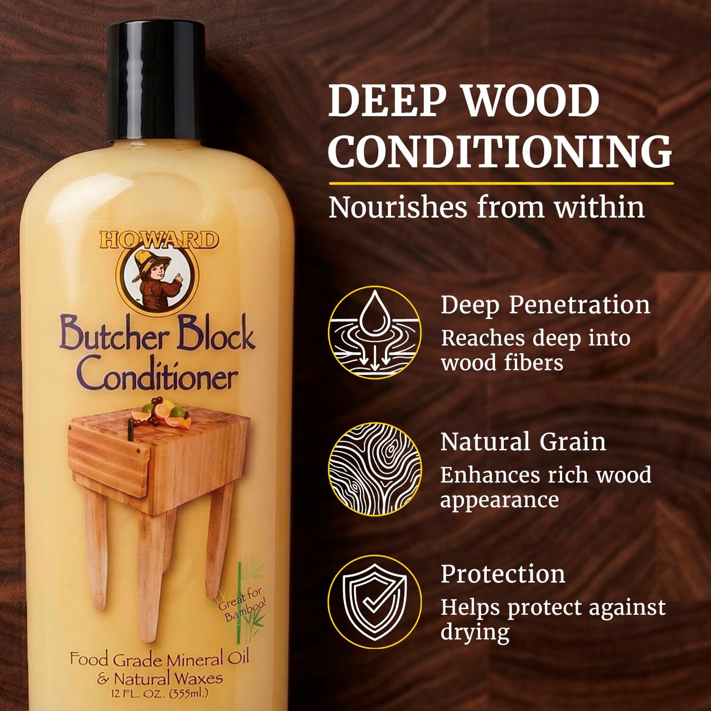 Howard Products Butcher Block Conditioner and Food Grade Mineral Oil for Wood Cutting Boards, 12 Fl Oz - Enhanced Wood Care