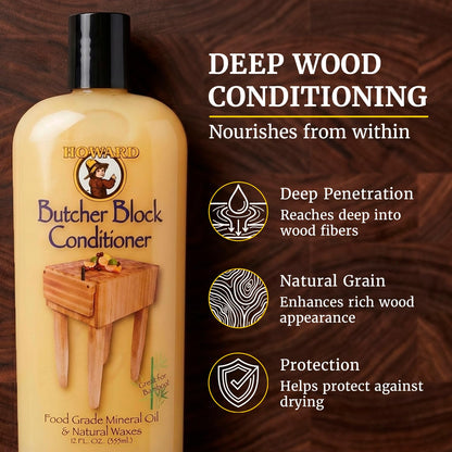 Howard Products Butcher Block Conditioner and Food Grade Mineral Oil for Wood Cutting Boards, 12 Fl Oz - Enhanced Wood Care