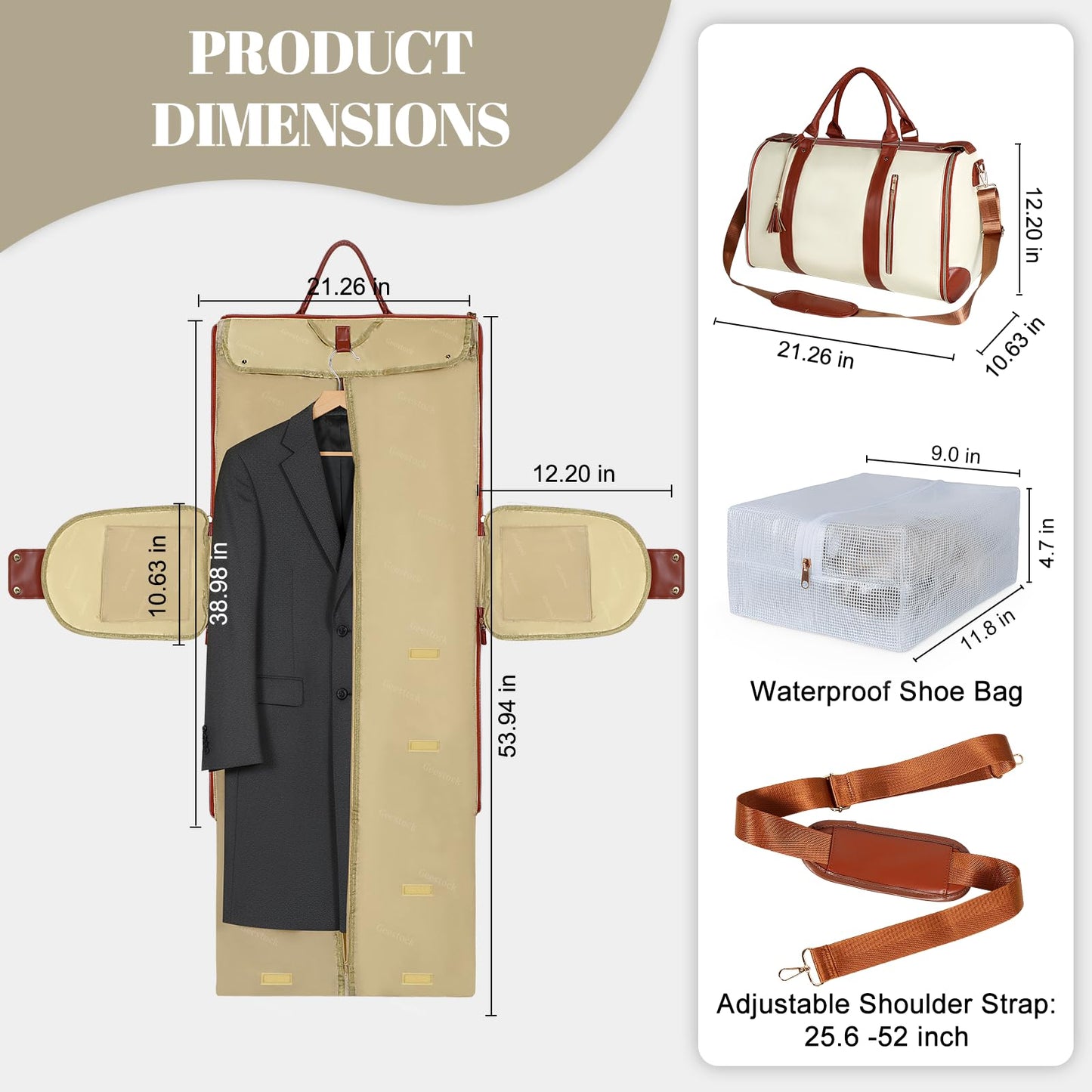 Geestock Garment Bag for Travel, Convertible Carry On Garment Duffle Bags for Women with Shoe Pouch & Detachable Shoulder Strap, Large PU Leather, 2 in 1 Hanging Suitcase Dress Suit Travel Bag, Beige